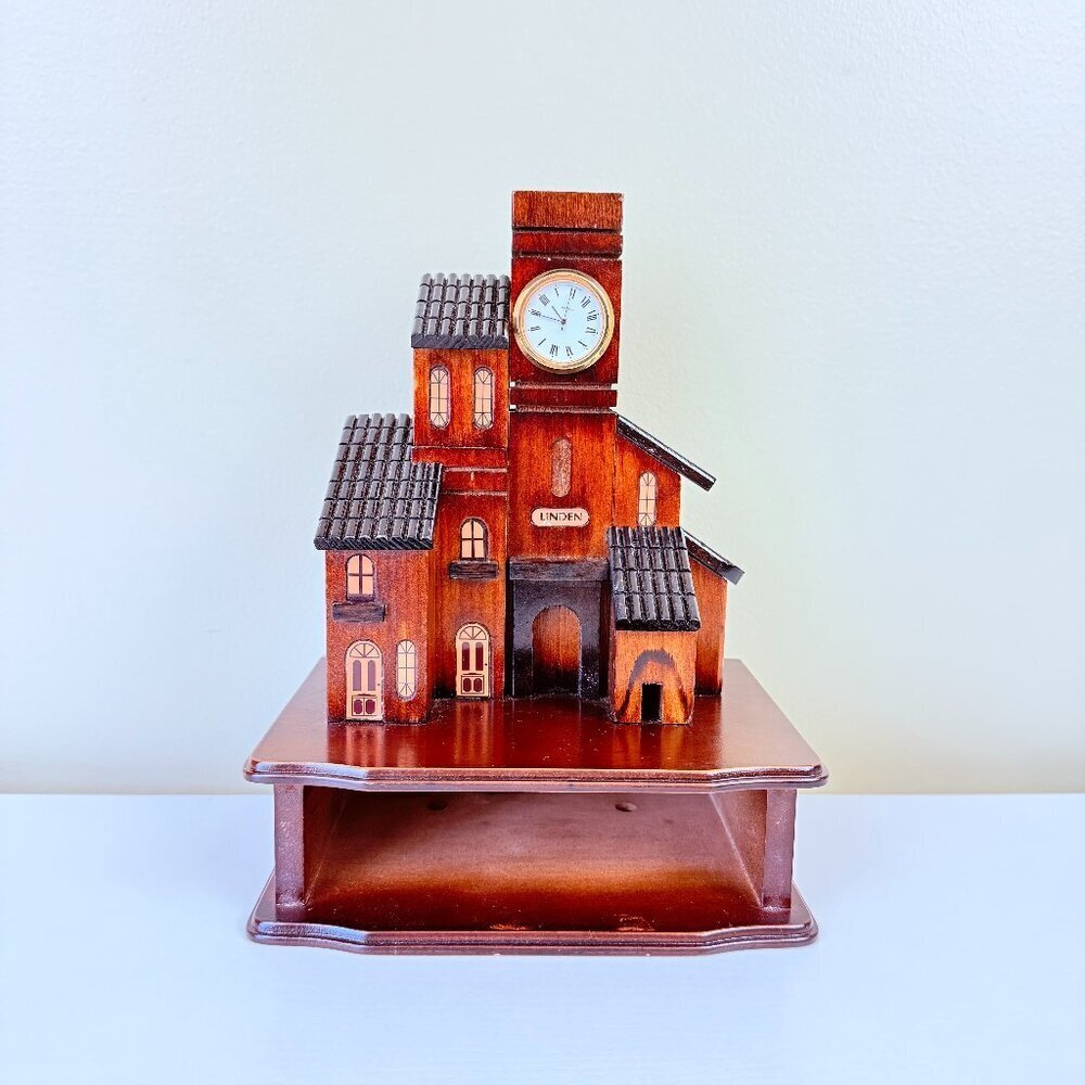 Vintage Wooden House Music Box Clock by LINDEN – Rustic Home Decor
